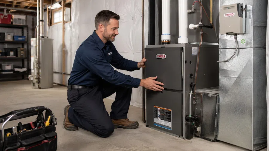 Technician kneeling and inspecting a Lennox furnace unit in a residential basement setting