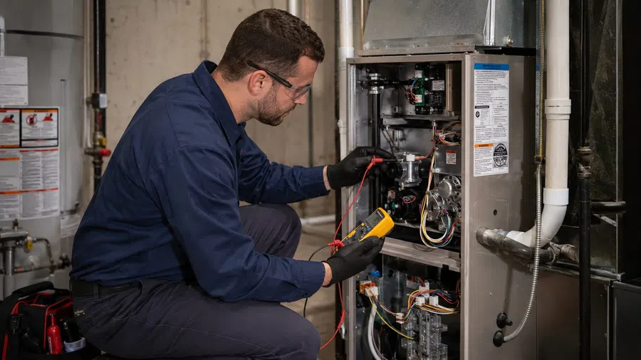 Technician in blue workwear testing and repairing a home's furnace system with a multimeter in a basement.