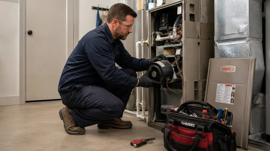 Technician repairing HVAC unit wearing safety glasses and gloves with toolbox on floor