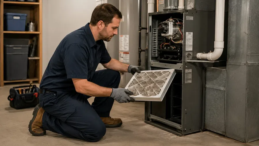 Technician inspecting and cleaning a dirty HVAC air filter in a home furnace system.