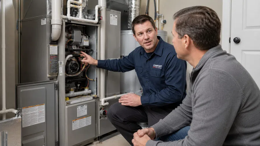 Technician explaining furnace components to homeowner during HVAC maintenance in a residential setting