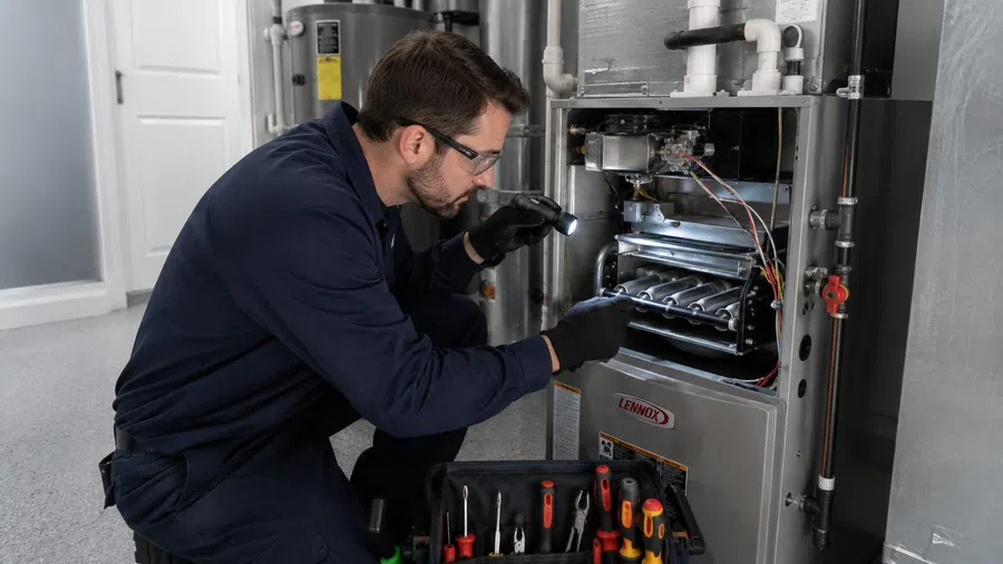Technician inspecting and repairing a residential furnace with tools and flashlight in a utility room