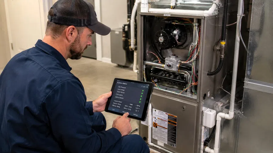 Technician in uniform using tablet to diagnose and monitor HVAC furnace system indoors.