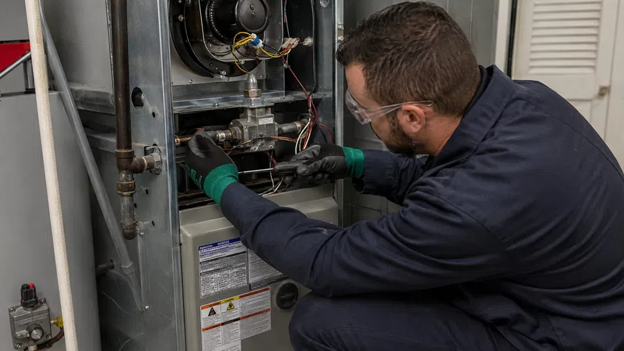 Technician wearing gloves and safety glasses repairing the internal components of a heating system furnace.