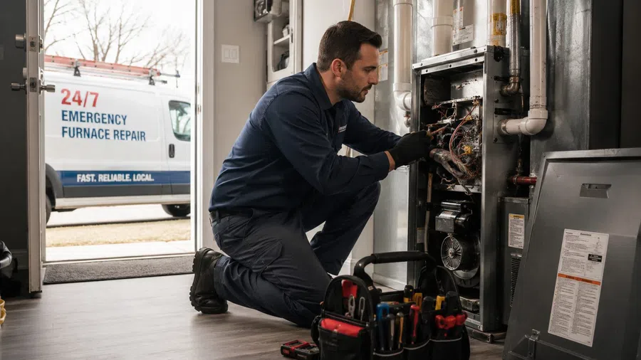 Technician in uniform repairing a furnace indoors with tools and emergency repair van outside.