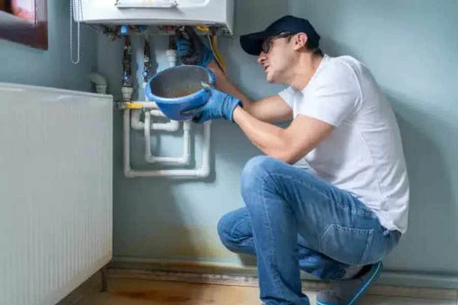 Technician wearing gloves fixing a boiler system with a blue container under pipes in a home