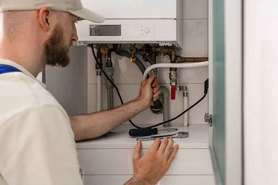 Technician adjusting pipes and controls inside a boiler unit in a modern utility room setting.