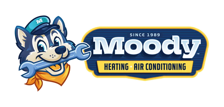 Moody Heating and Air Conditioning logo featuring a friendly husky mascot holding a wrench, established 1989