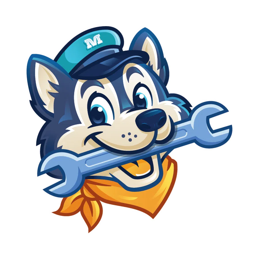 Cartoon husky dog mascot wearing a blue cap and orange bandana holding a wrench in its mouth.