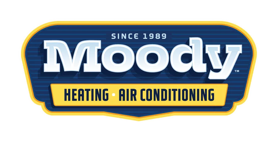 Moody Heating and Air Conditioning logo established since 1989 with blue and yellow color scheme.
