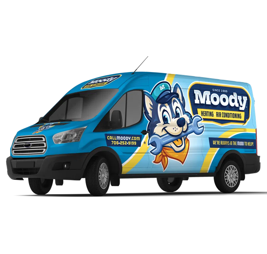 Blue Moody Heating and Air Conditioning service van with company mascot and contact information.