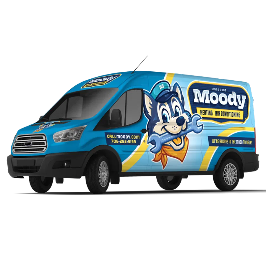 Blue Moody Heating and Air Conditioning service van with company mascot holding a wrench and contact information.