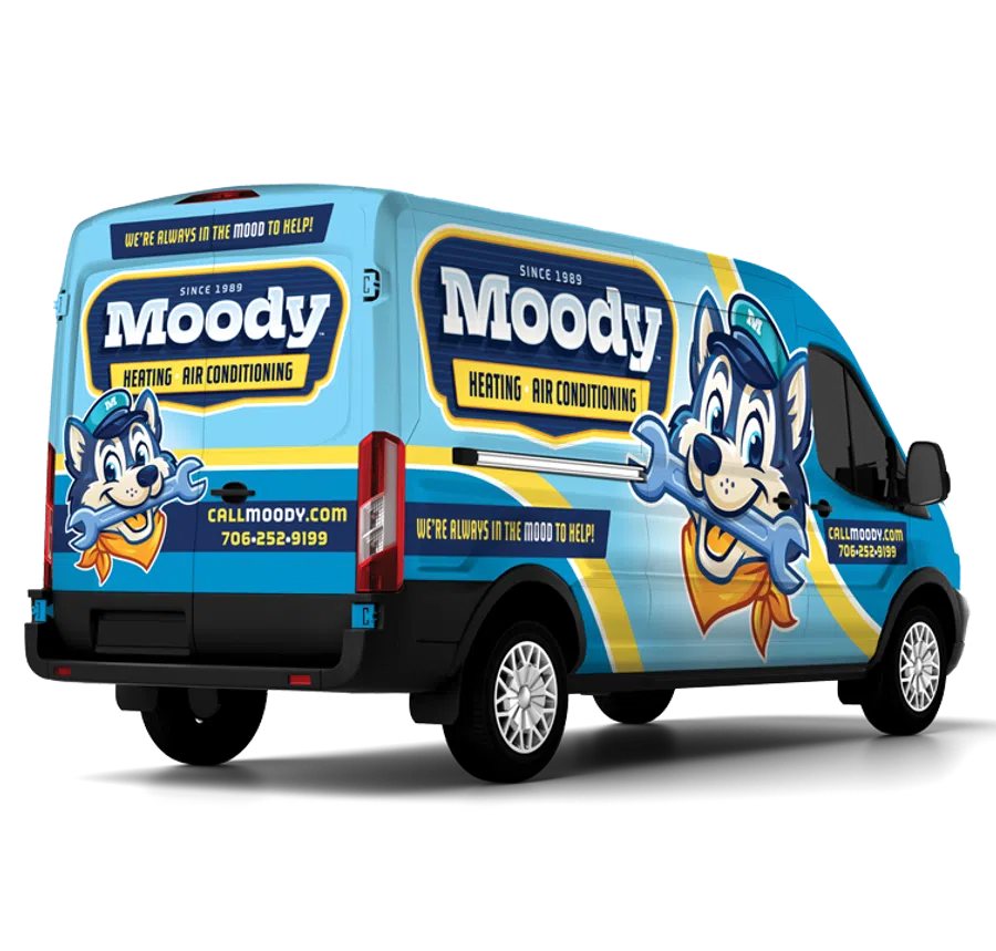 Blue and yellow Moody Heating and Air Conditioning service van with cartoon dog holding wrench and contact details.