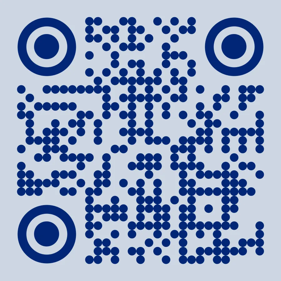 Creative blue QR code design with circular elements on a light background.