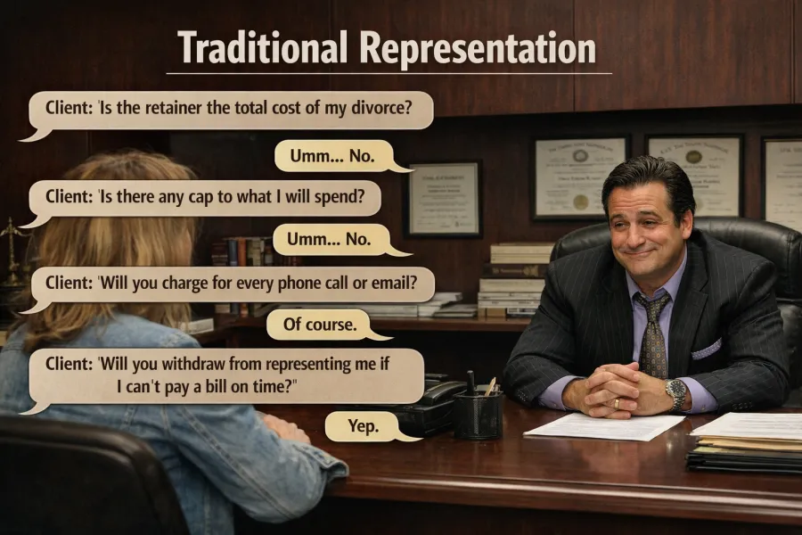 Client and lawyer discussing traditional legal representation with speech bubbles highlighting concerns about divorce retainer costs.
