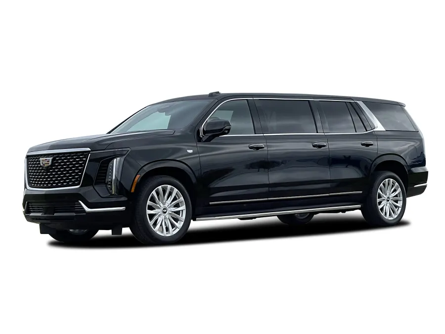 Black luxury Cadillac Escalade SUV with extended wheelbase and polished chrome accents on white background.