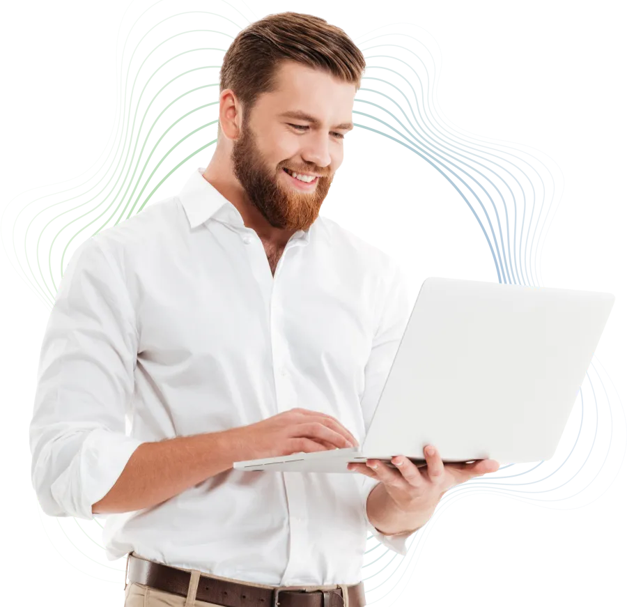 Smiling man in white shirt using a laptop with abstract green and blue wave lines in the background