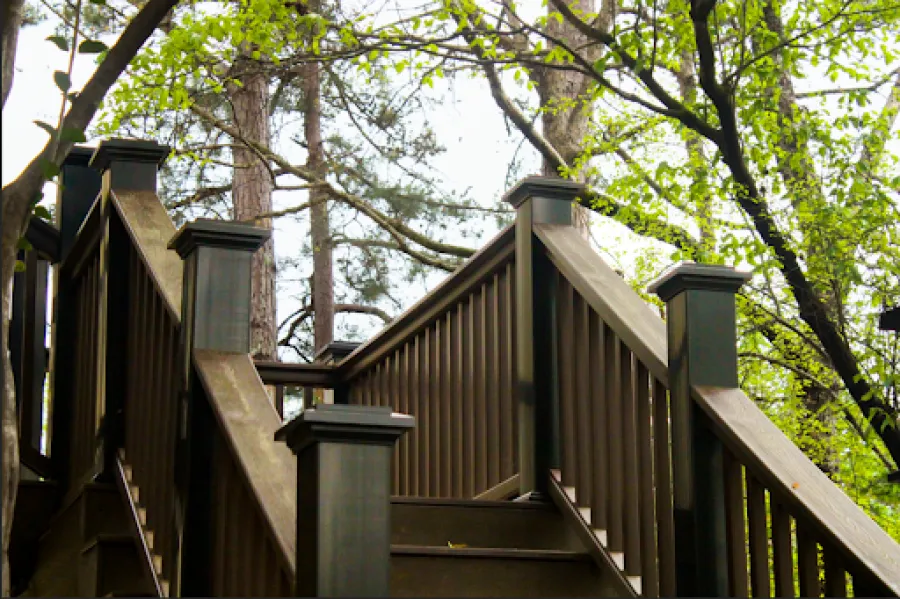 Wooden staircase with dark brown railings surrounded by green trees in a forest setting during daytime