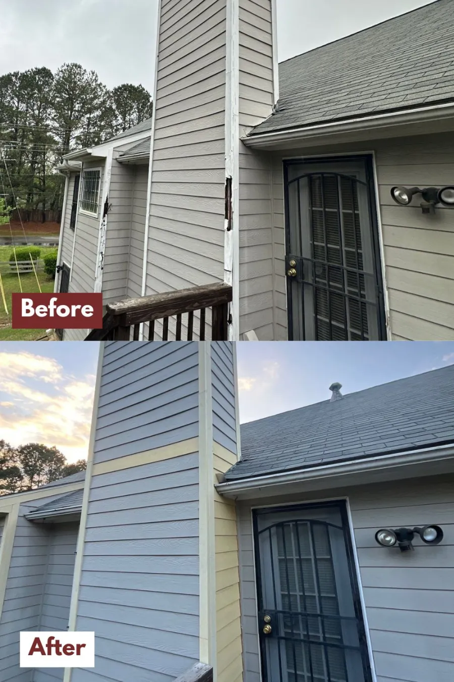 Before and after images of a house corner with repaired and freshly painted chimney and siding.