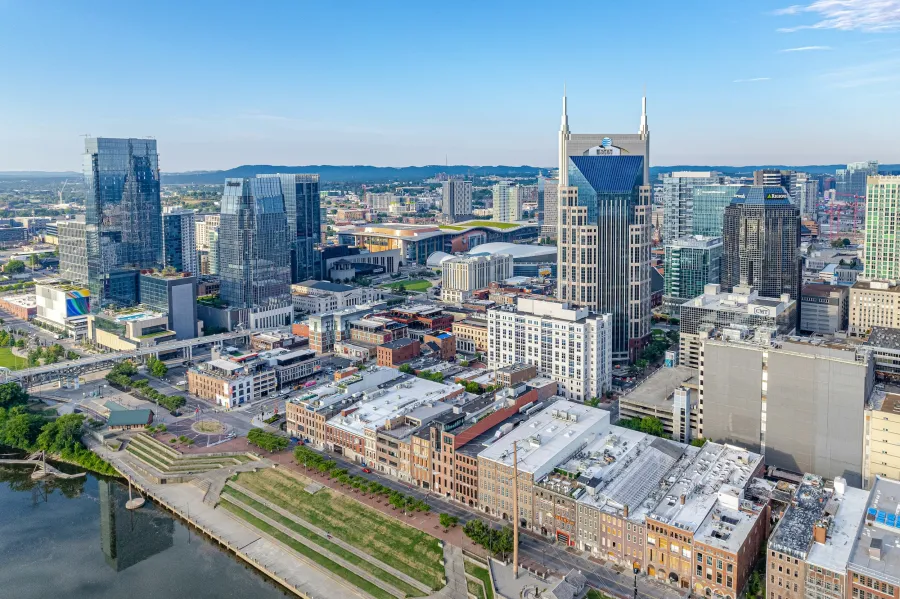 Aerial view of downtown Nashville skyline representing our local window and door service area in Middle Tennessee