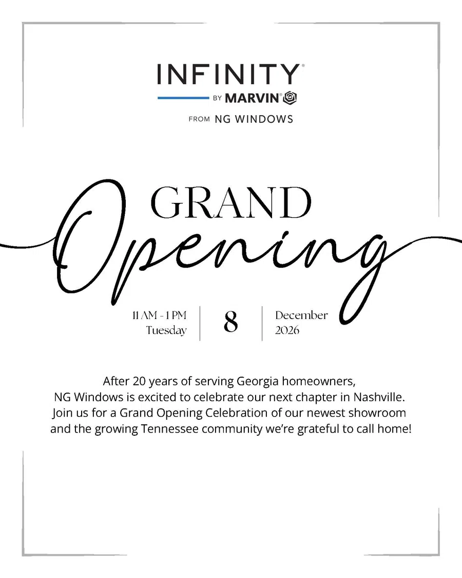 NG Windows Infinity by Marvin grand opening announcement on December 8, 2026, from 11 AM to 1 PM in Nashville.