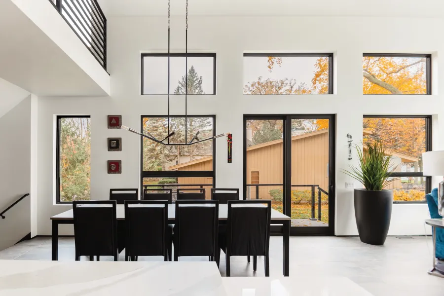 a room with a table and chairs