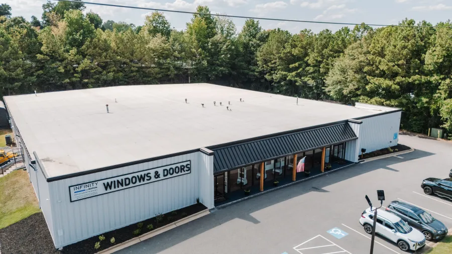 a building with a parking lot