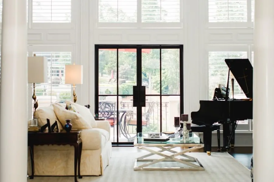 a living room with a large window