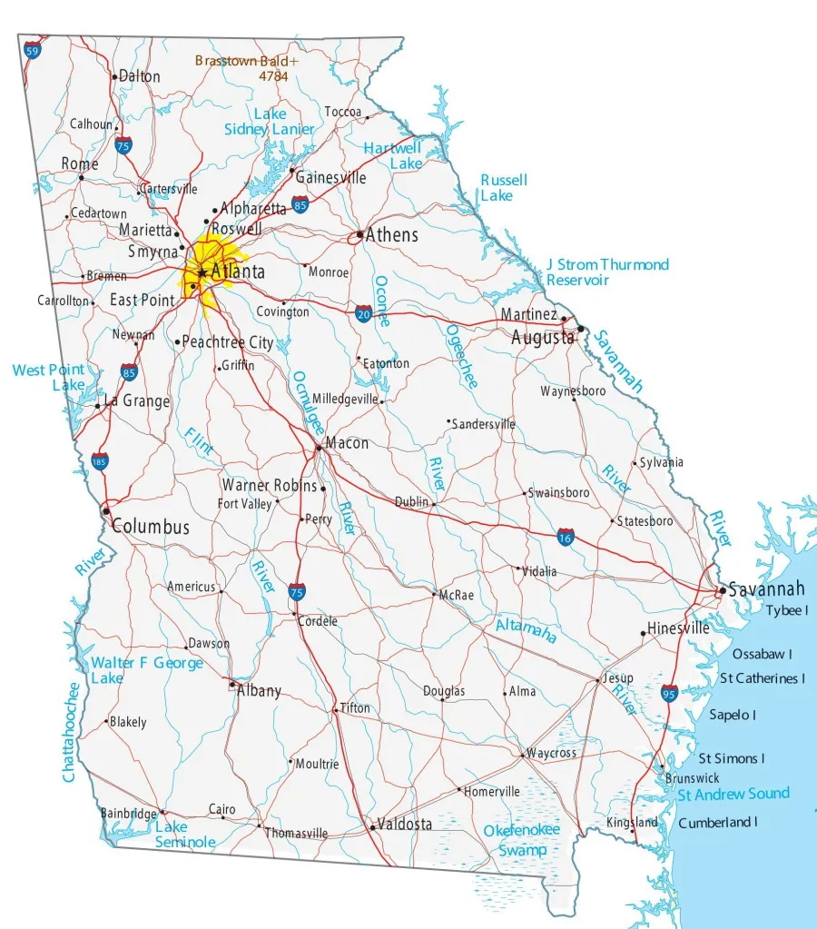 Map of Georgia showing major cities roads lakes and rivers highlighting Atlanta in yellow.