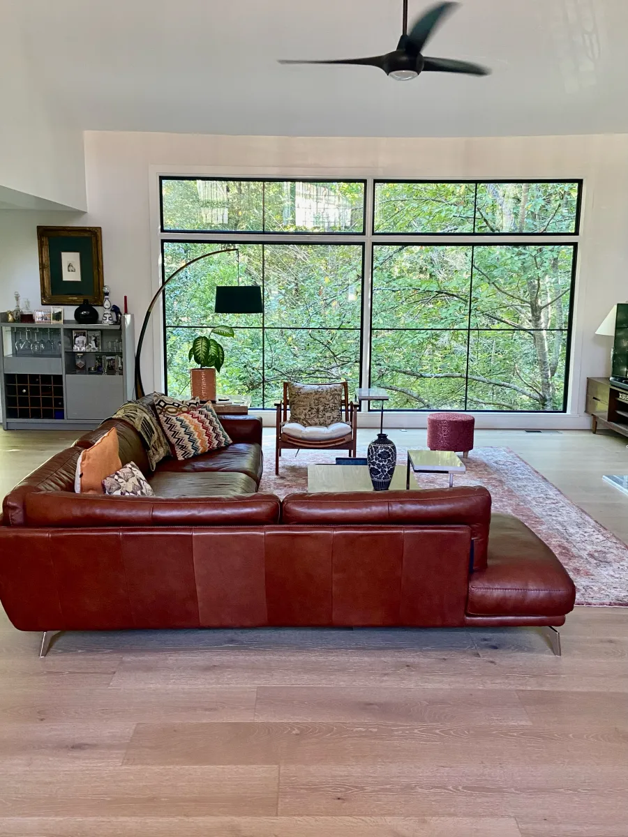 a living room with a large window