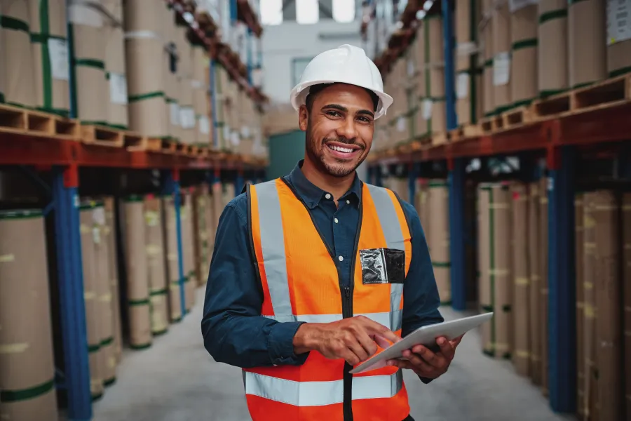 Warehouse worker in safety vest and hard hat uses tablet while standing between shelves of packed boxes.