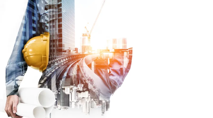 Double exposure of construction engineer holding blueprints with urban cityscape and cranes in background.