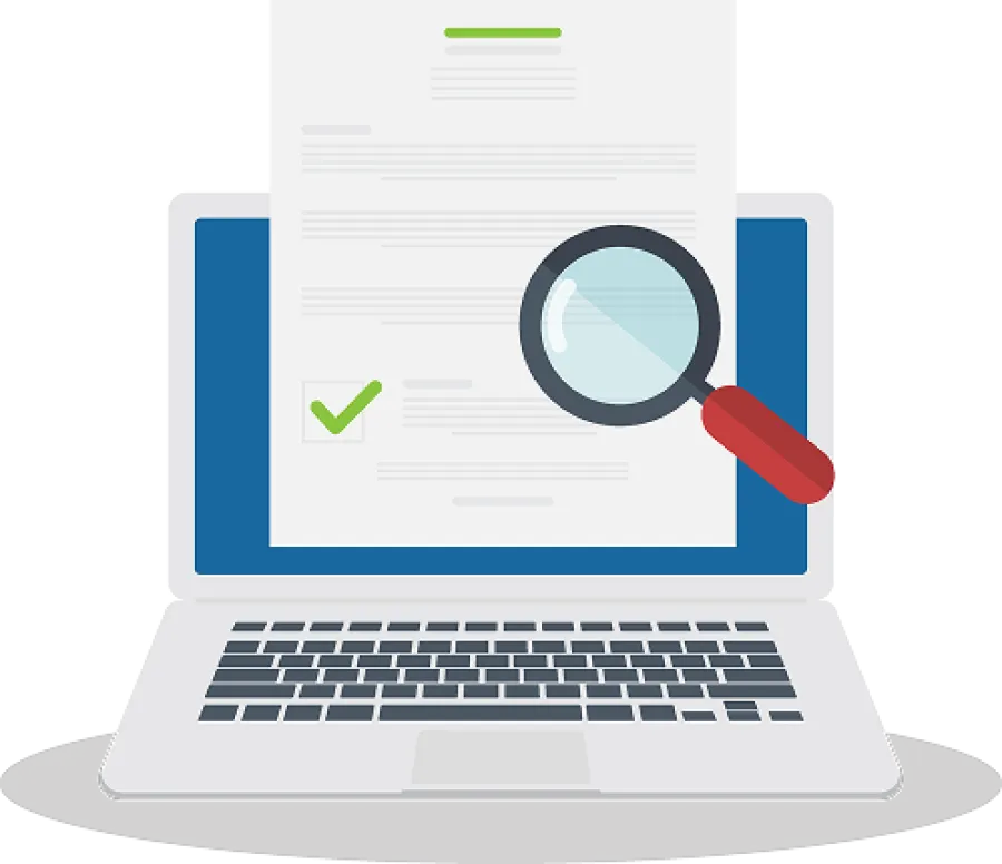 Laptop with a document on screen, magnifying glass highlighting a checkmark on the page, symbolizing review or verification.