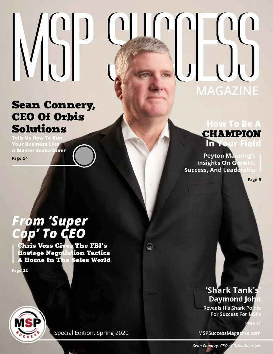 Magazine cover featuring Sean Connery, CEO of Orbis Solutions, in a black suit with business success headlines.