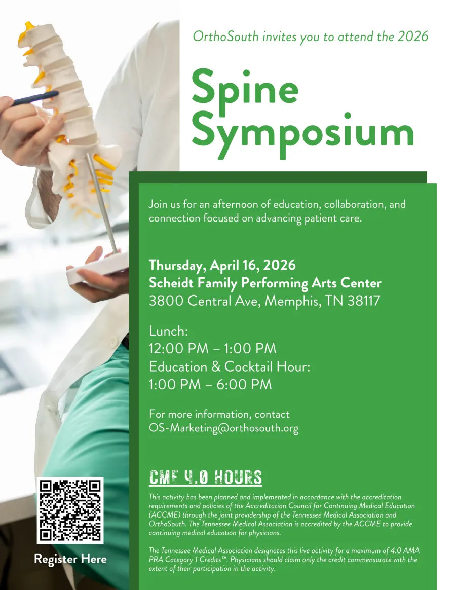 OrthoSouth Spine Symposium 2026 details with a doctor holding a spine model and event information.