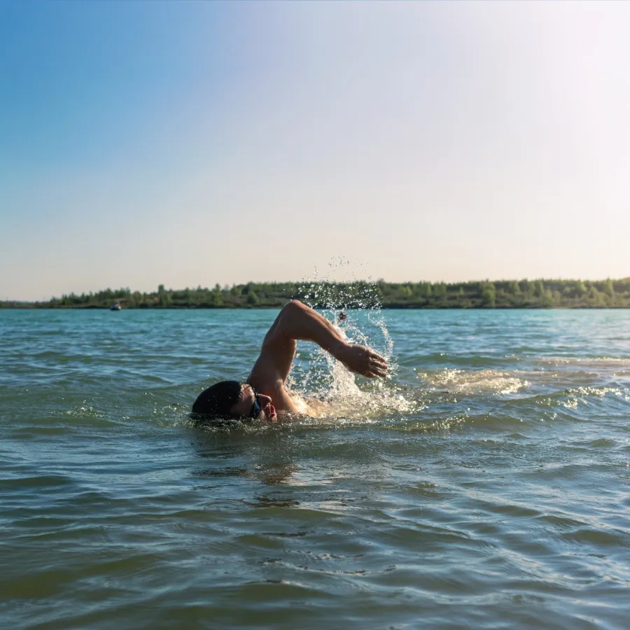 Person swimming freestyle in a calm lake under clear blue sky with distant green shoreline in the background