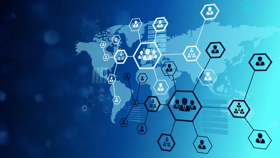 Global network concept with interconnected hexagons and user icons over world map background in blue hues