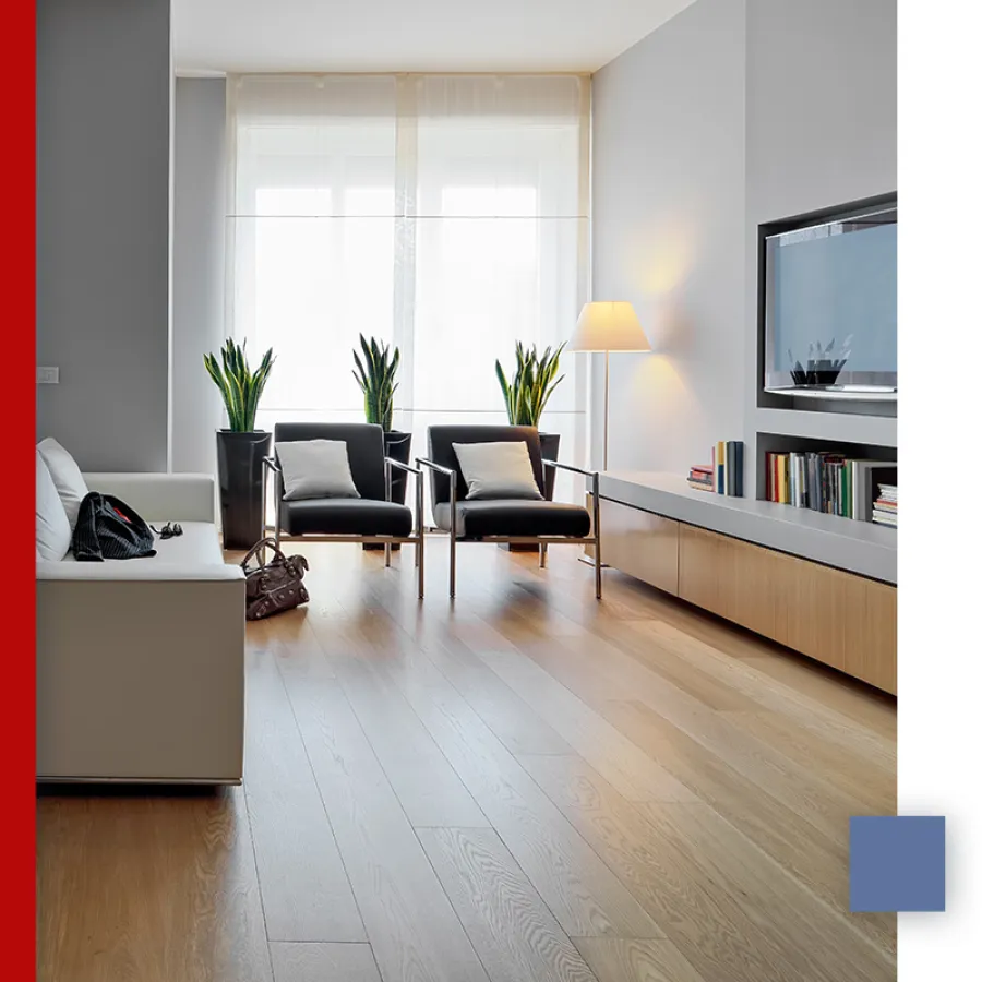 Modern living room with wooden floor, white sofa, black chairs, potted plants, bookshelf, and floor lamp.