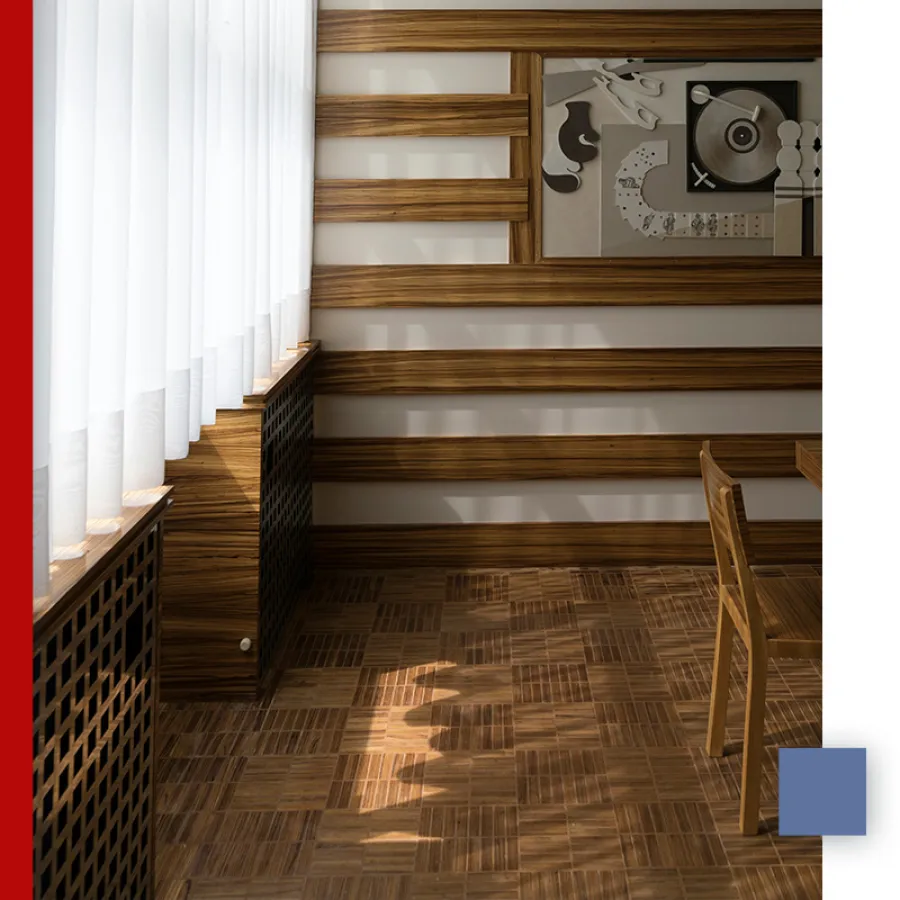 Sunlit modern room with wooden floor, striped wood-paneled walls, sheer white curtains, and abstract wall art.