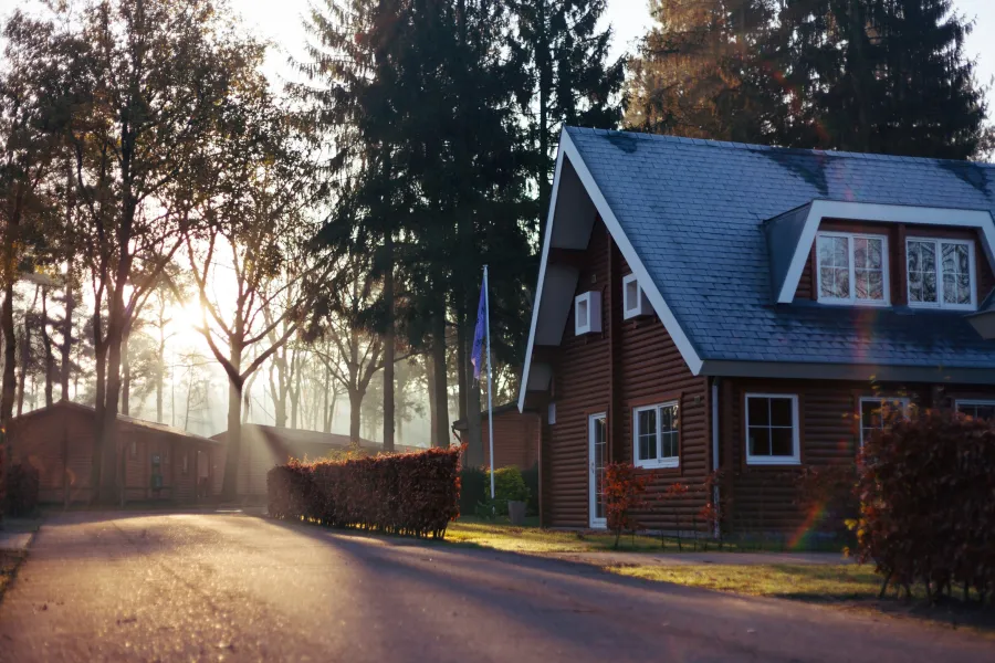 a house with a flag on the side