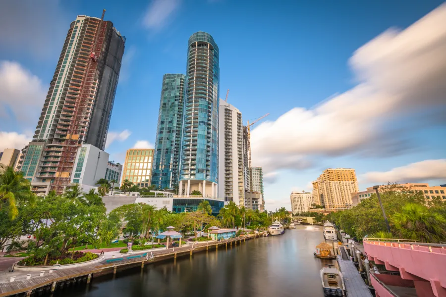 a river with buildings along it