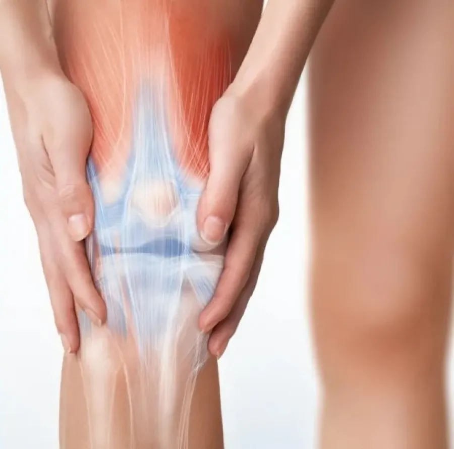 Patient holding knee with highlighted cartilage showing MACI treatment for cartilage damage at Pinnacle Orthopaedics.