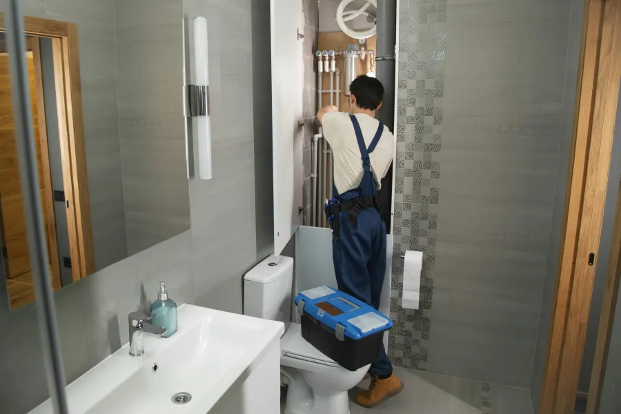Plumber in blue overalls fixing pipes inside bathroom cabinet next to toilet and sink with toolbox nearby