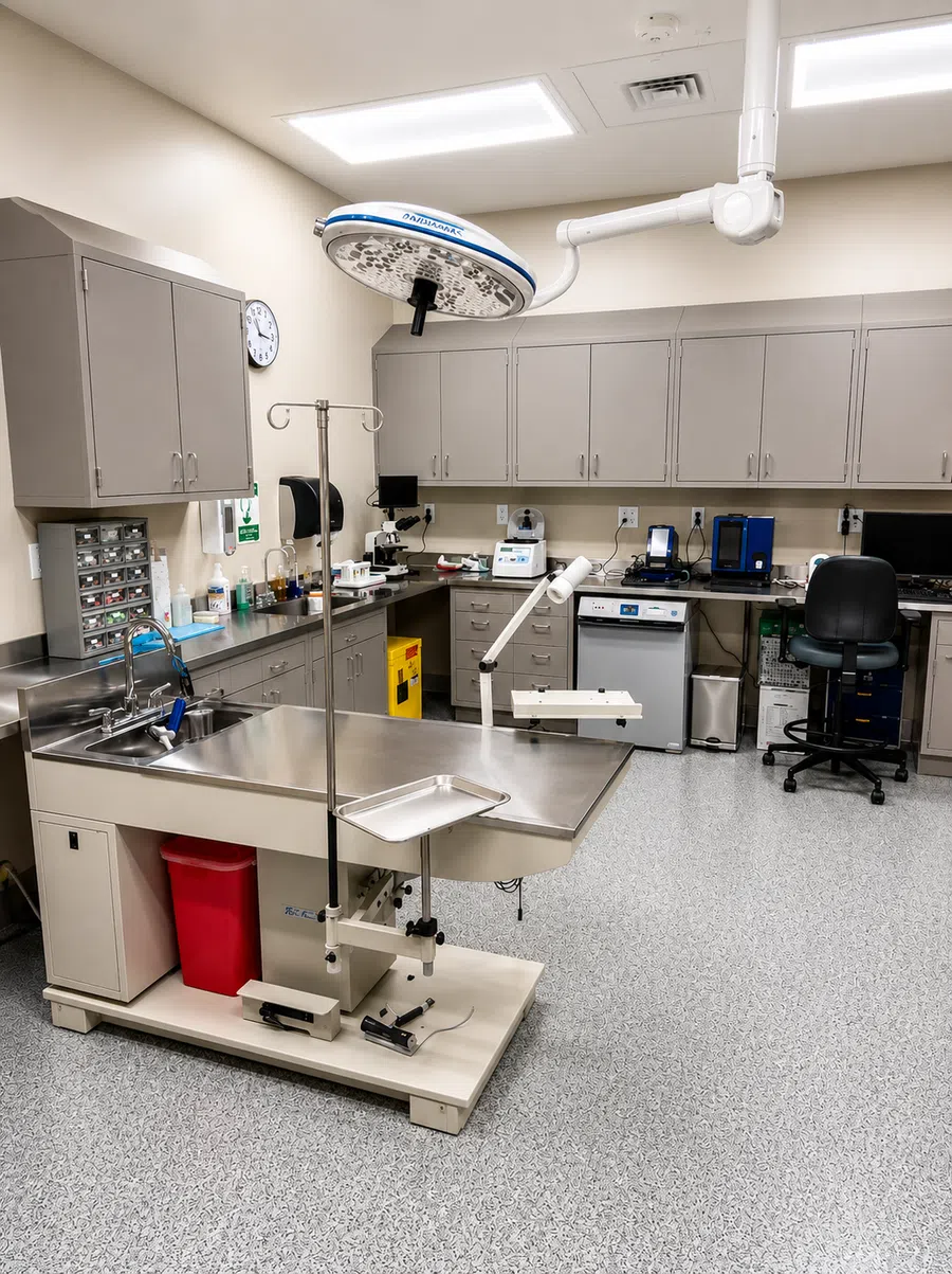 Clean veterinary surgery room with stainless steel table, medical equipment, and overhead surgical light.