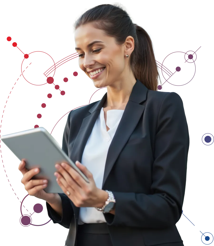 Smiling businesswoman in black suit using a digital tablet with abstract technology graphics in background