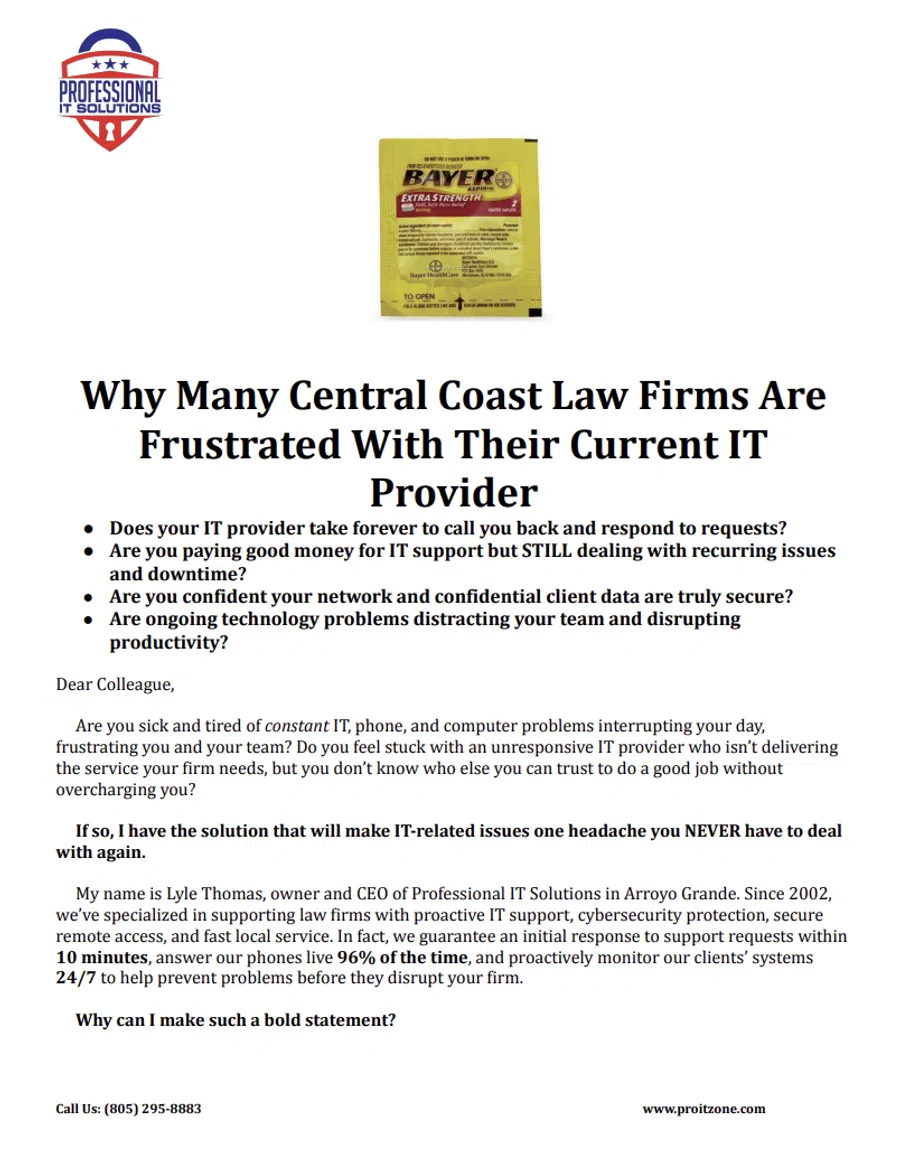 Bayer Extra Strength aspirin packet above text about IT support frustrations for Central Coast law firms.