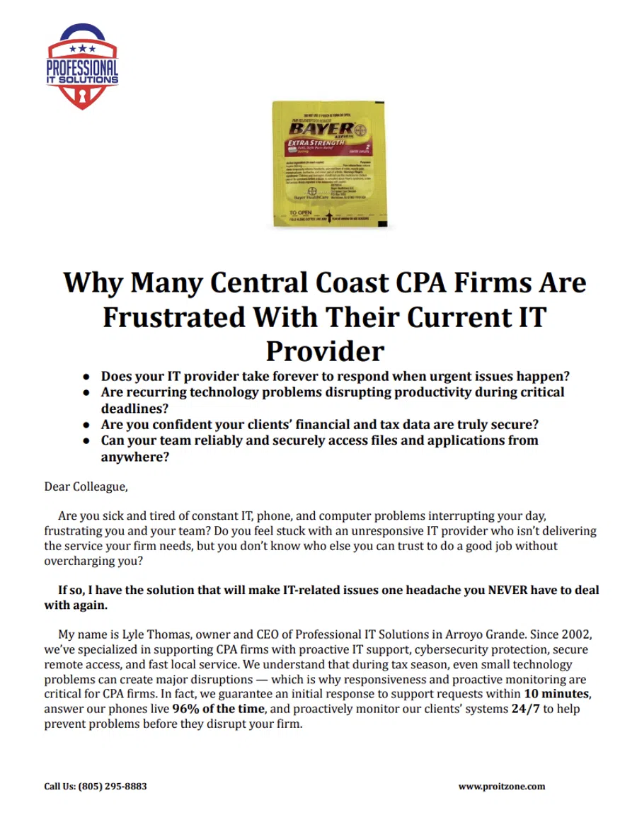 Flyer highlighting IT services for CPA firms with Bayer aspirin packet image and Professional IT Solutions logo.