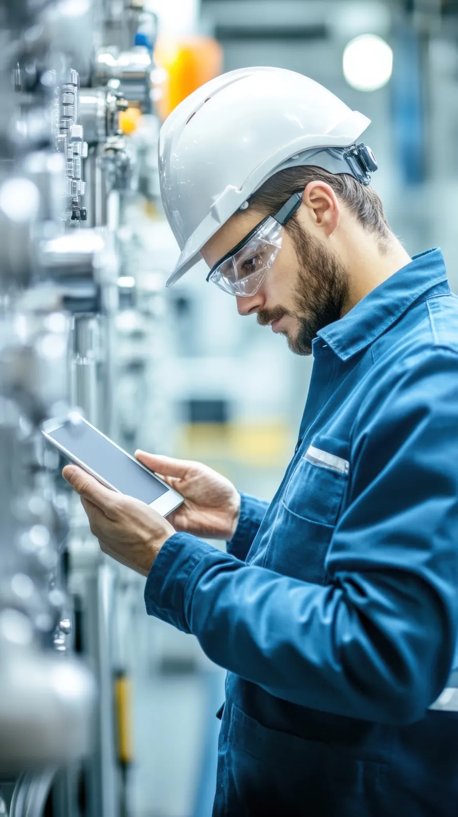 a man in a hard hat looking at a tablet