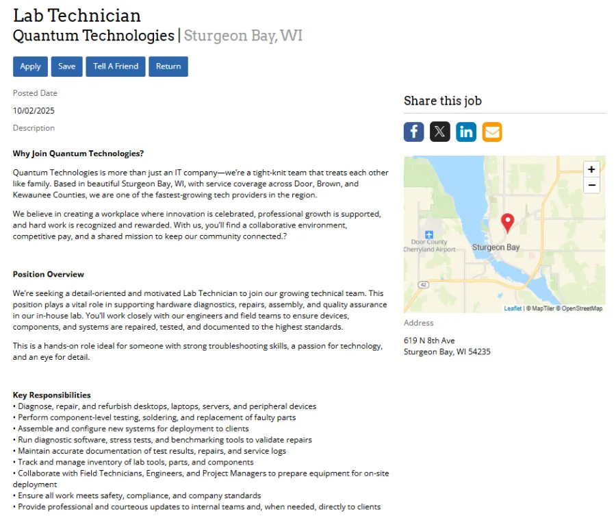Job listing for Lab Technician position at Quantum Technologies in Sturgeon Bay, WI with map and application options.