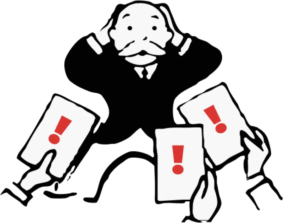 Black and white cartoon of a worried man holding his head surrounded by hands holding papers with red exclamation marks.